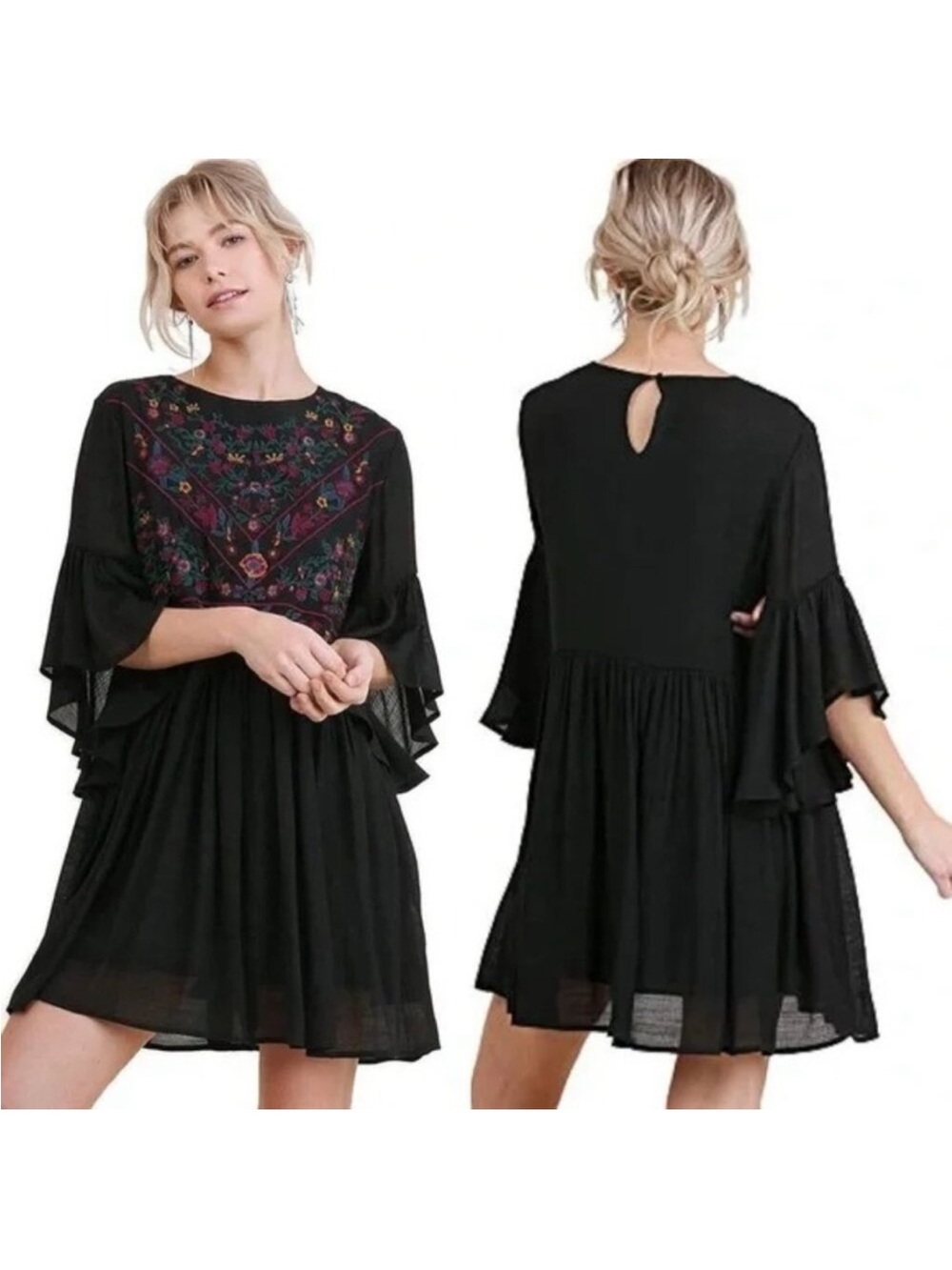 Umgee Black Boho Floral Embroidered Ruffle Bell Sleeve Shift Dress Size S